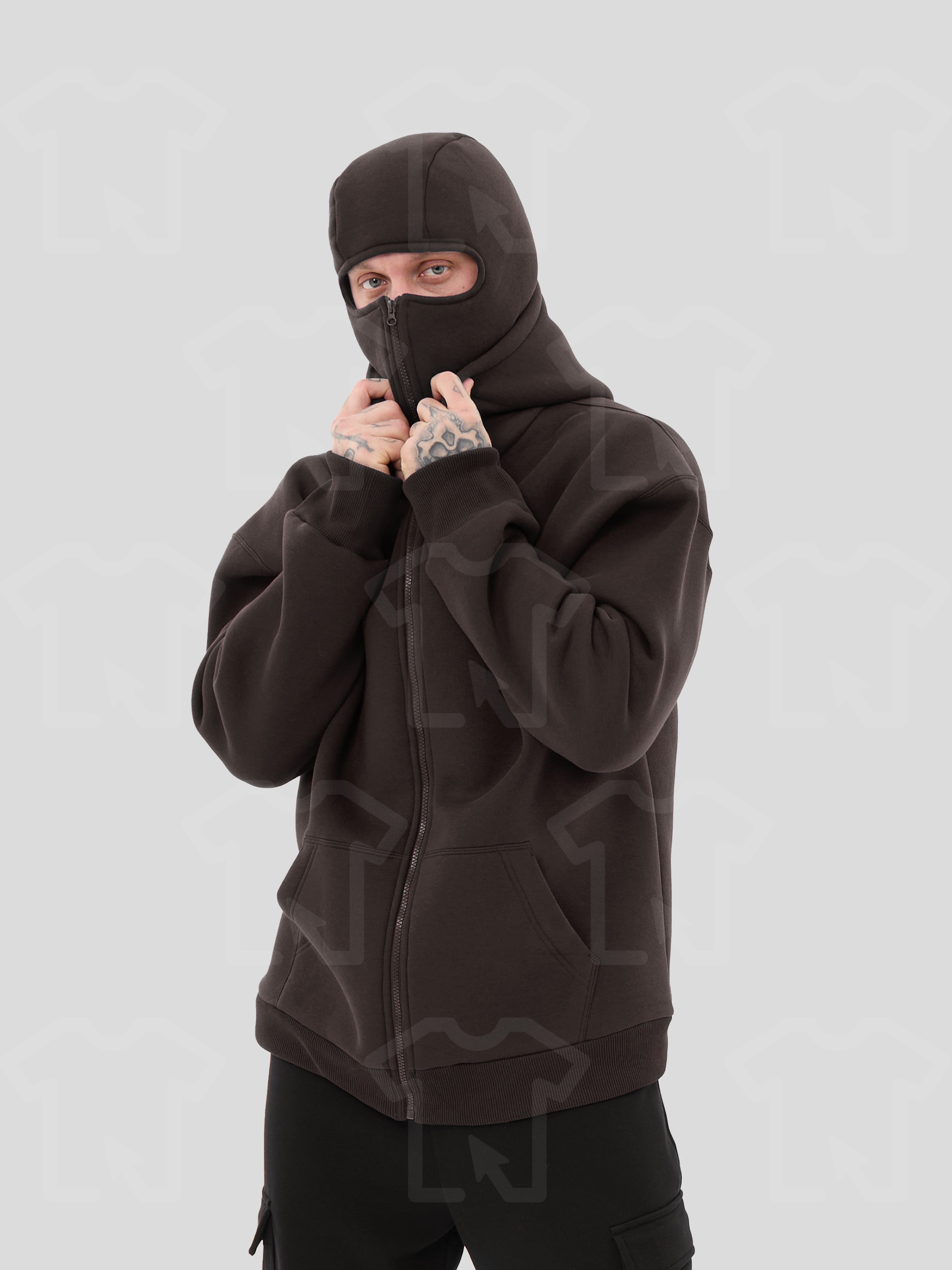 Худи Oversize BALACLAVA ZIP (на молнии) Премиум с начесом, цвет: темно-коричневый, мужские 